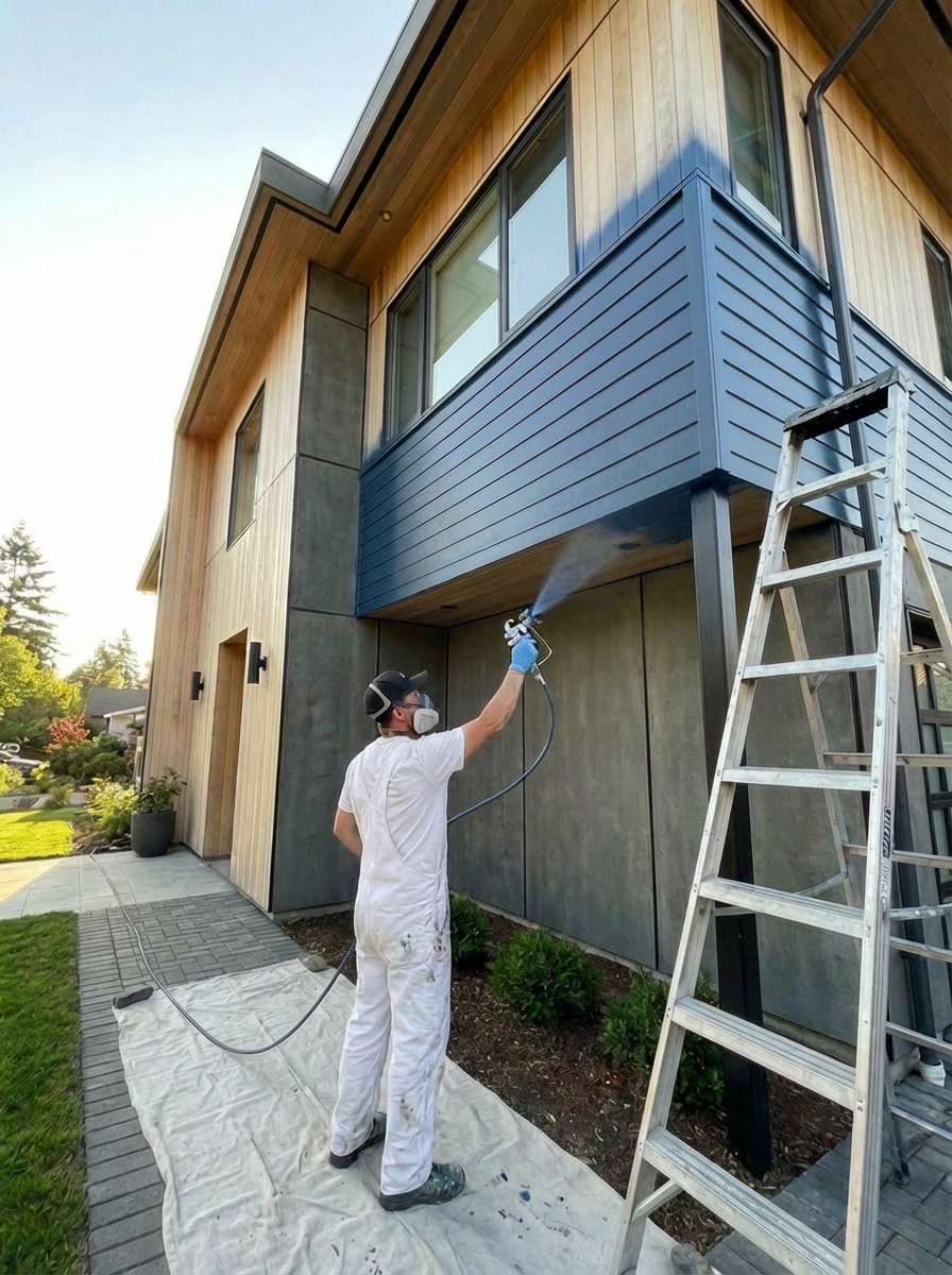 Pro spray-painting exterior siding